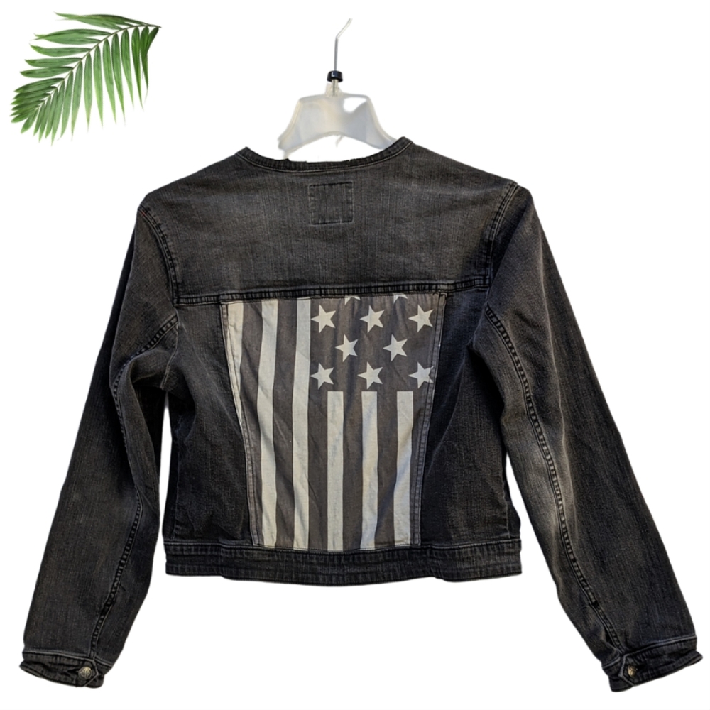 Rock & Republic Distressed Black American Flag Jean Jacket Size XL